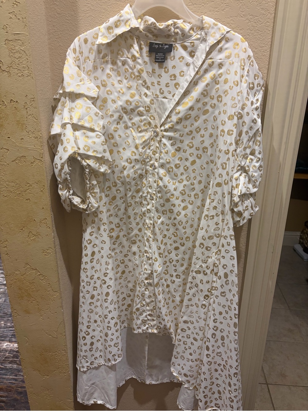 High-Low White Dress with Gold Leopard Print and rhinestone buttons